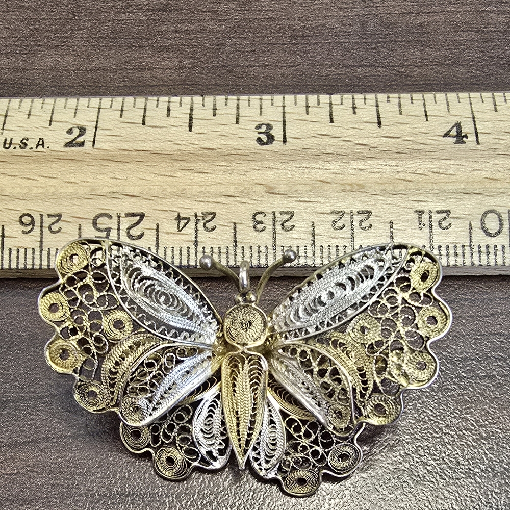 Elegant Silver and Gold Filigree Butterfly Brooch